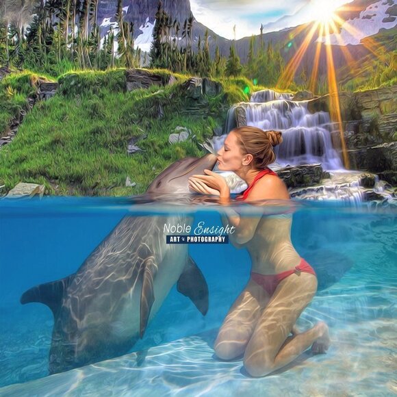 NobleCaptures Other - 4x6‎ Dolphin Kissing Woman Waterfall Majestic Watercolor Oil Painting Print